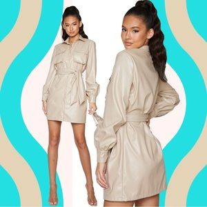 Stone Faux Leather Pocket Detail Shirt Dress